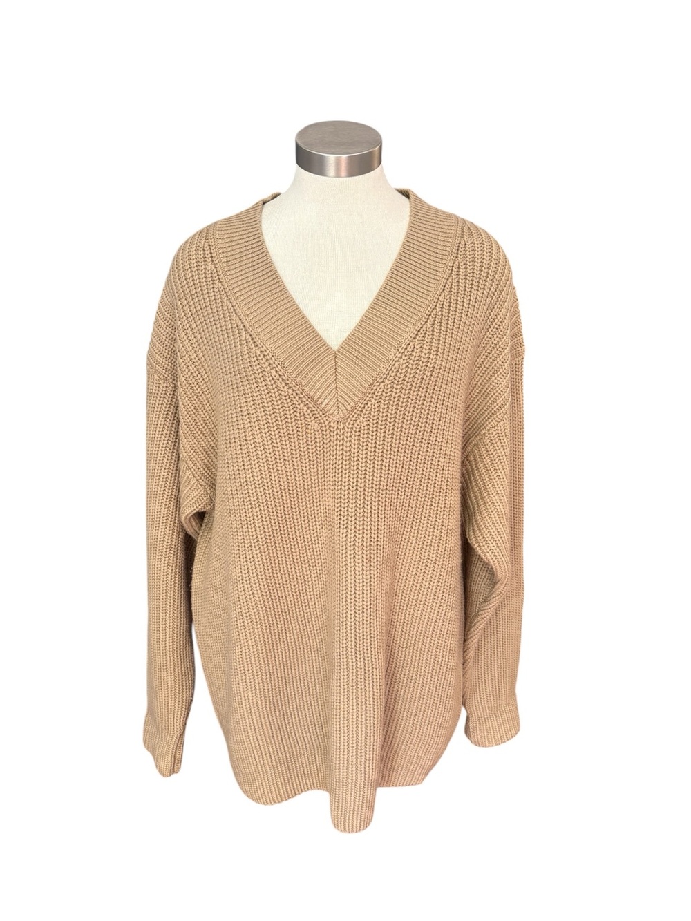 Aritzia Wilfred Womens Sweater Belize Oversized V-Neck Chunky Knit Camel Sz. XL